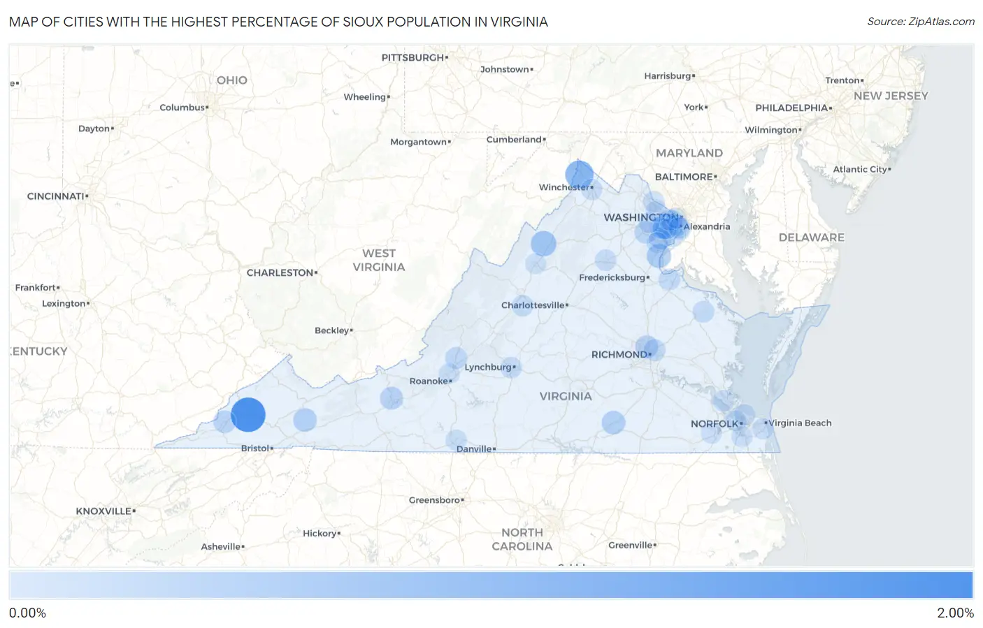 Cities with the Highest Percentage of Sioux Population in Virginia Map