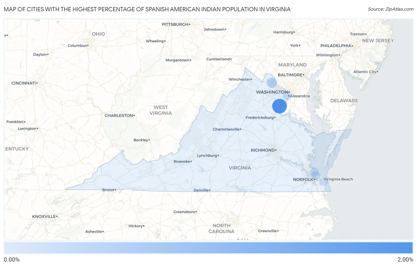 Cities with the Highest Percentage of Spanish American Indian Population in Virginia Map