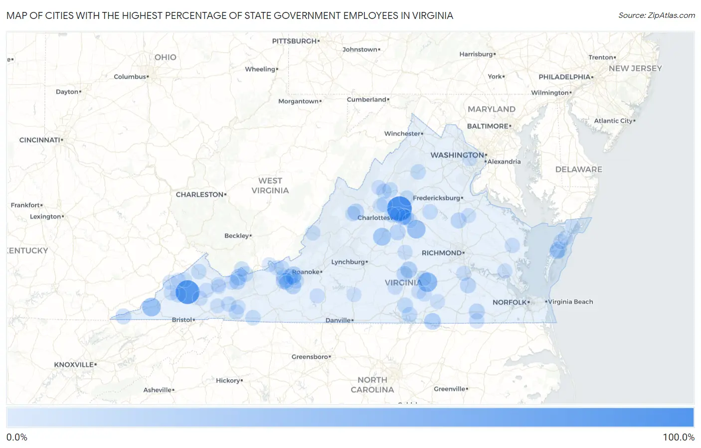 Cities with the Highest Percentage of State Government Employees in Virginia Map