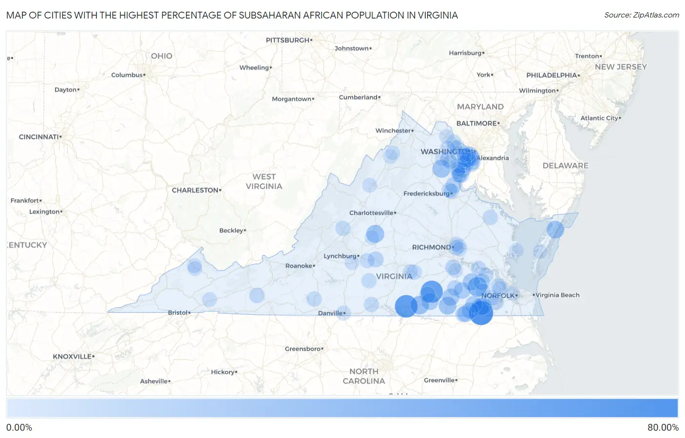 Cities with the Highest Percentage of Subsaharan African Population in Virginia Map