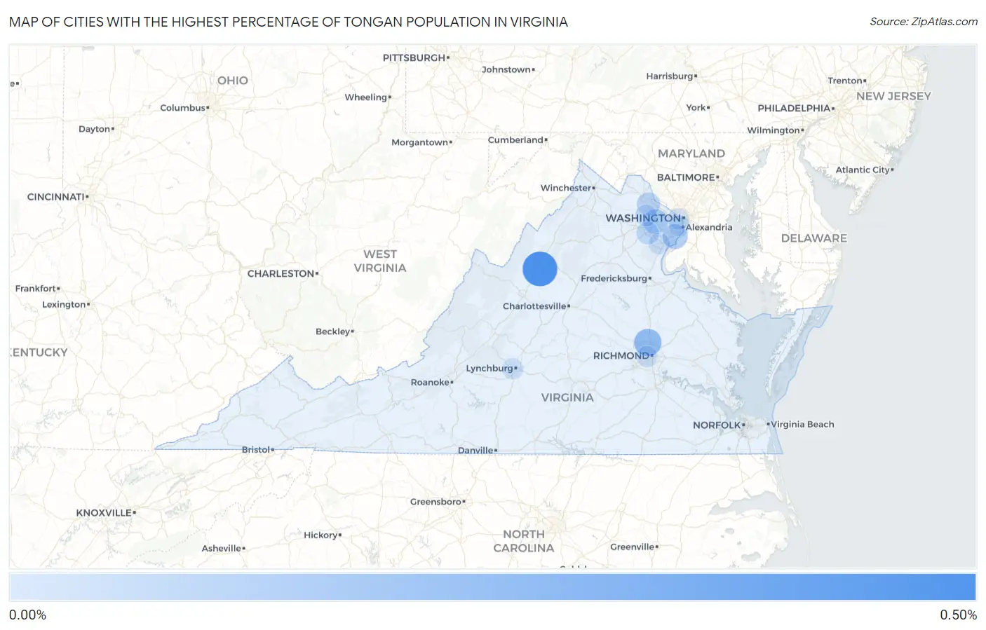 Cities with the Highest Percentage of Tongan Population in Virginia Map