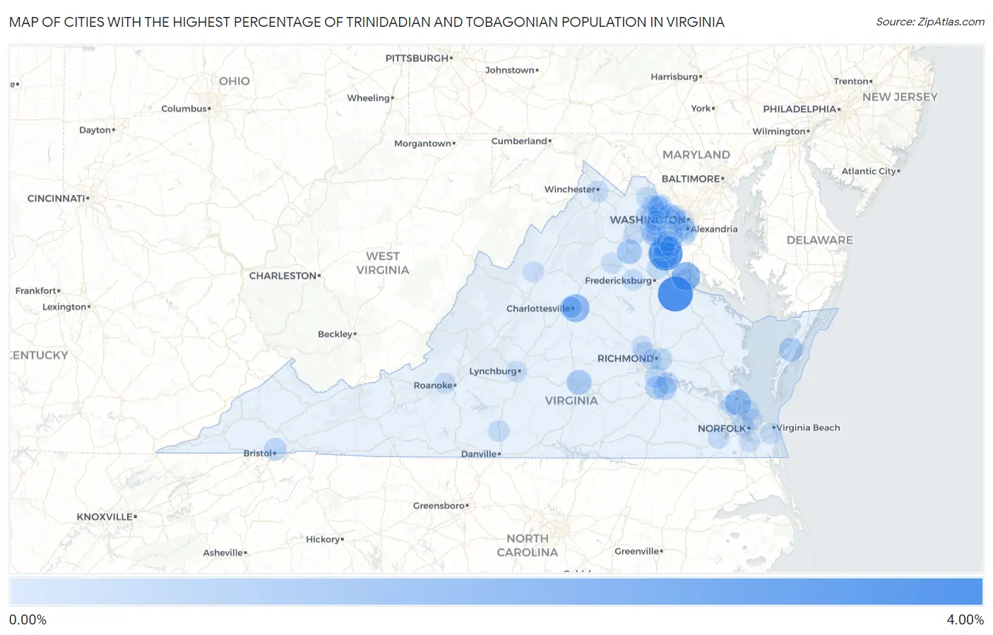 Cities with the Highest Percentage of Trinidadian and Tobagonian Population in Virginia Map