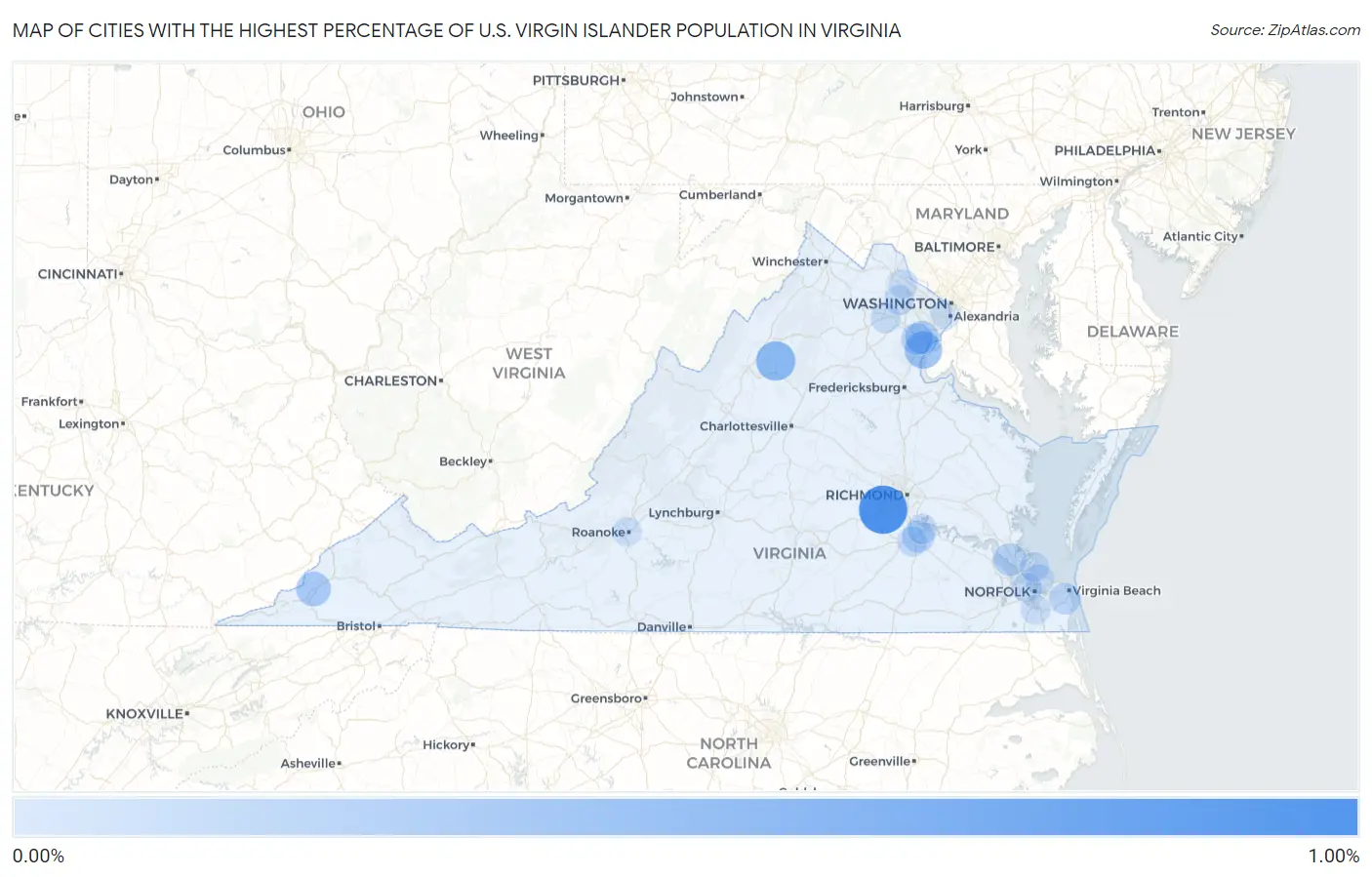 Cities with the Highest Percentage of U.S. Virgin Islander Population in Virginia Map