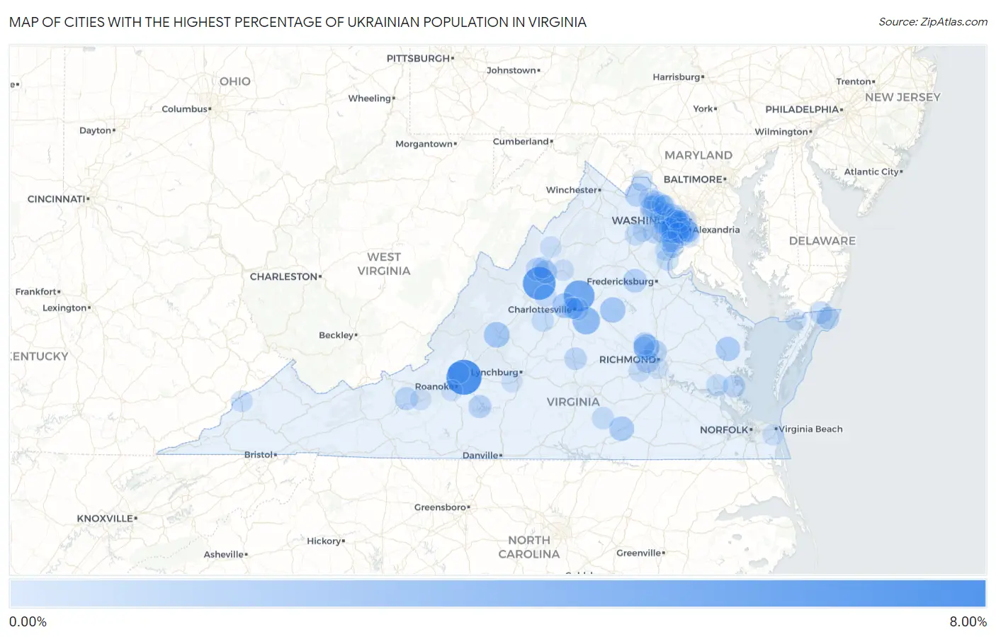 Cities with the Highest Percentage of Ukrainian Population in Virginia Map