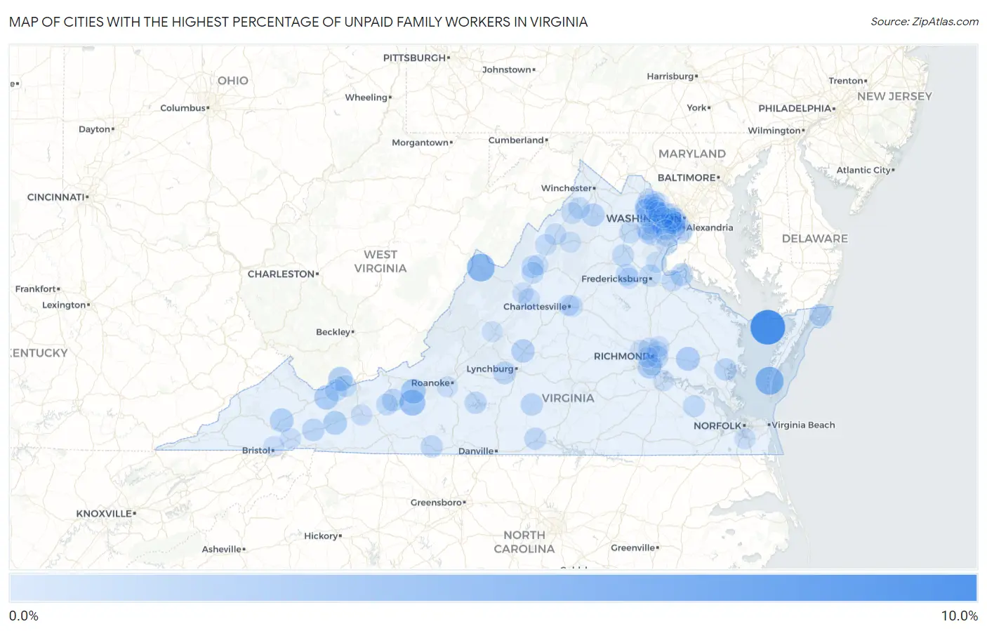 Cities with the Highest Percentage of Unpaid Family Workers in Virginia Map