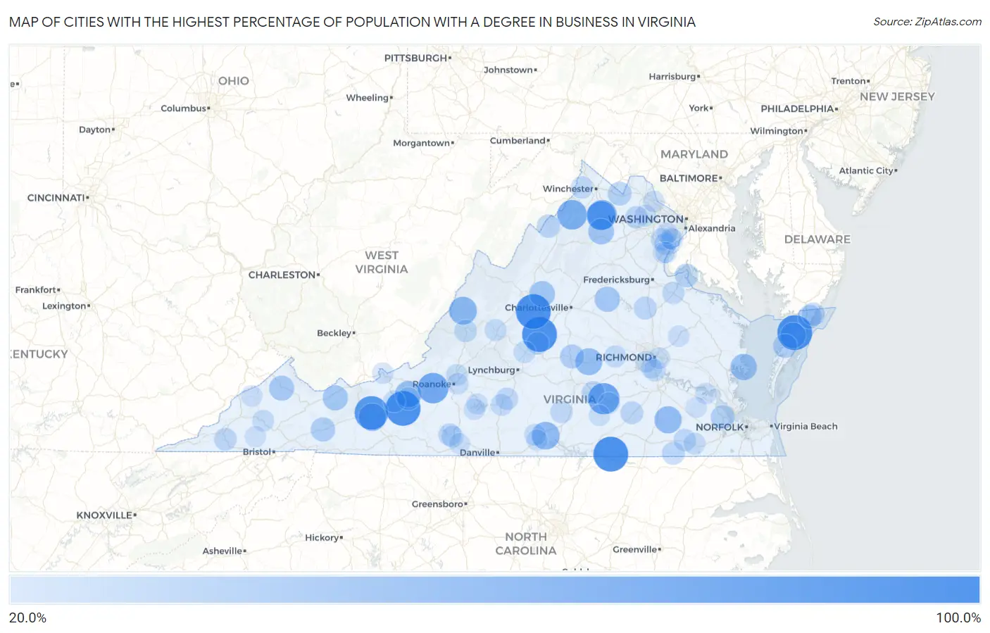 Cities with the Highest Percentage of Population with a Degree in Business in Virginia Map