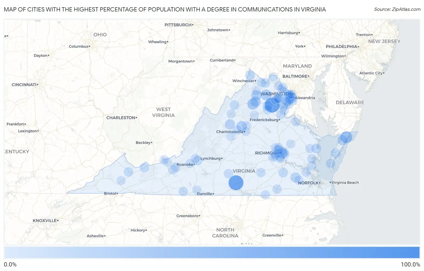 Cities with the Highest Percentage of Population with a Degree in Communications in Virginia Map