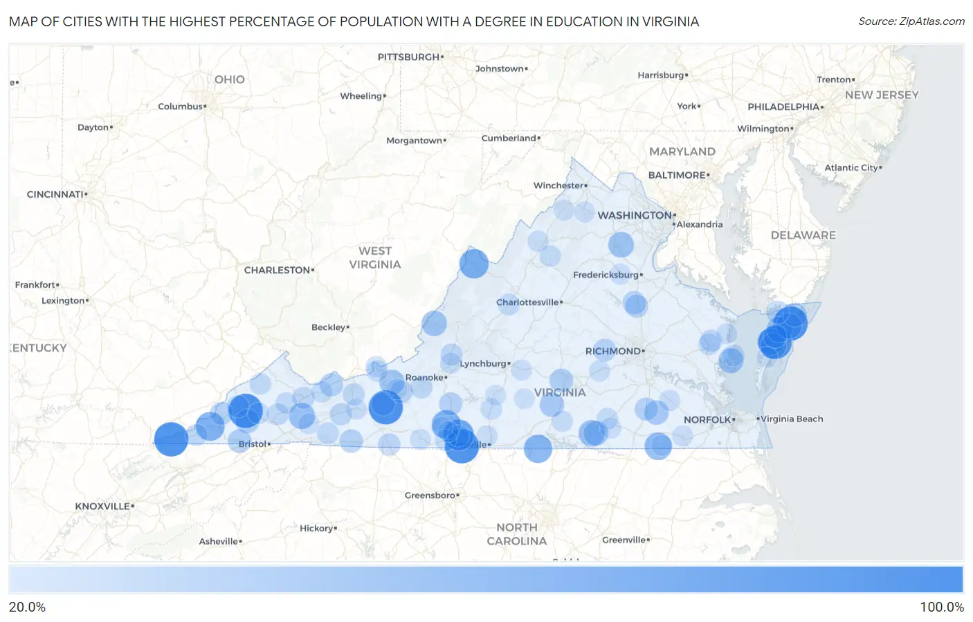 Cities with the Highest Percentage of Population with a Degree in Education in Virginia Map