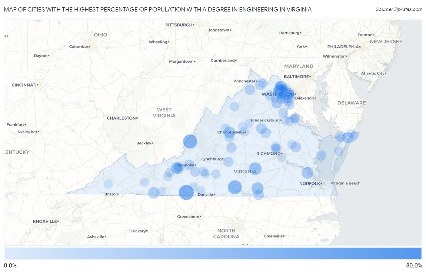 Cities with the Highest Percentage of Population with a Degree in Engineering in Virginia Map