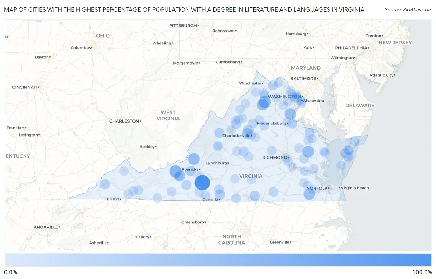 Cities with the Highest Percentage of Population with a Degree in Literature and Languages in Virginia Map