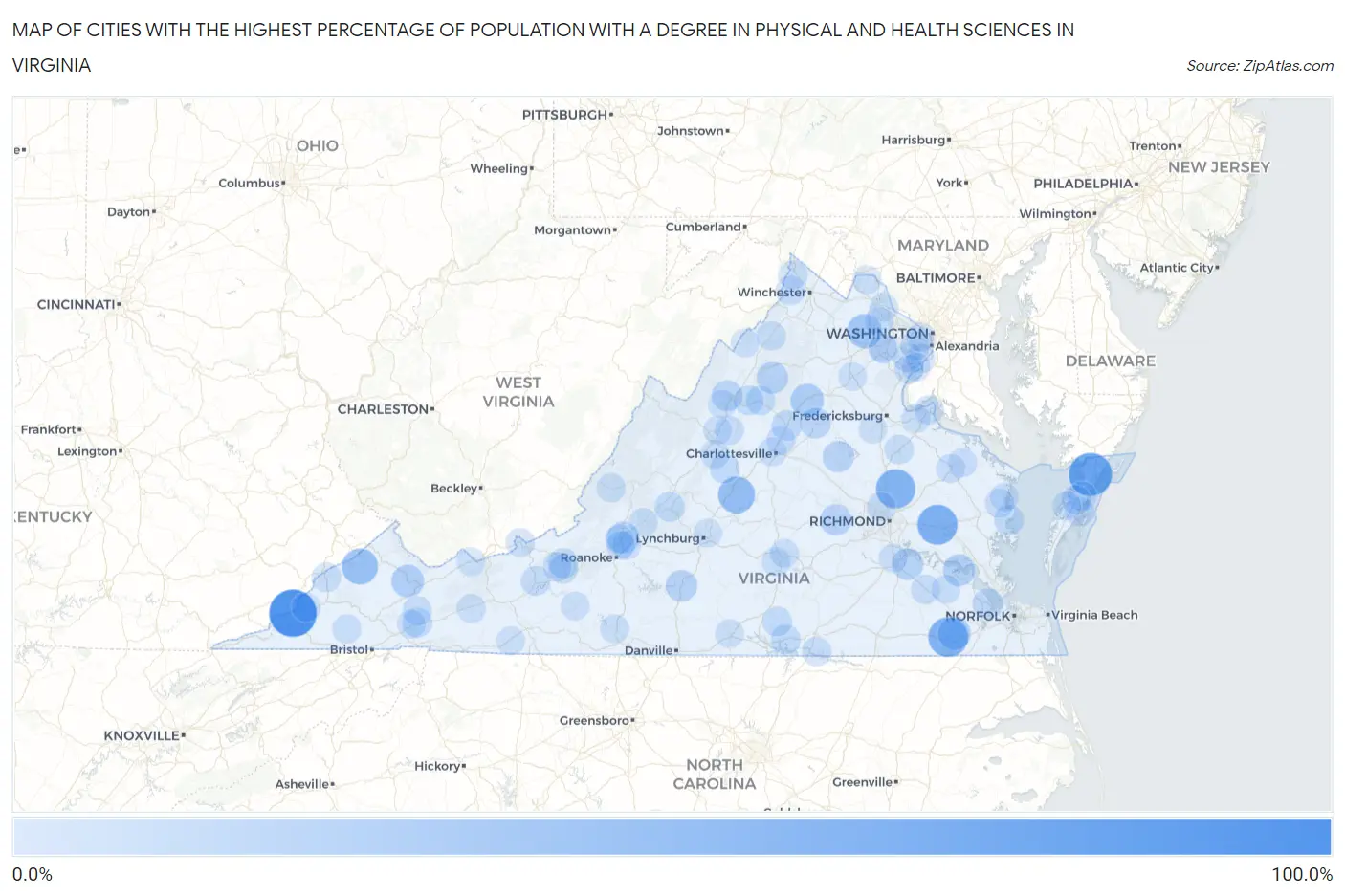 Cities with the Highest Percentage of Population with a Degree in Physical and Health Sciences in Virginia Map
