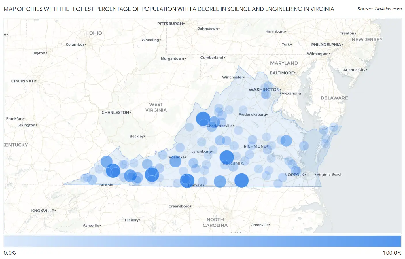 Cities with the Highest Percentage of Population with a Degree in Science and Engineering in Virginia Map