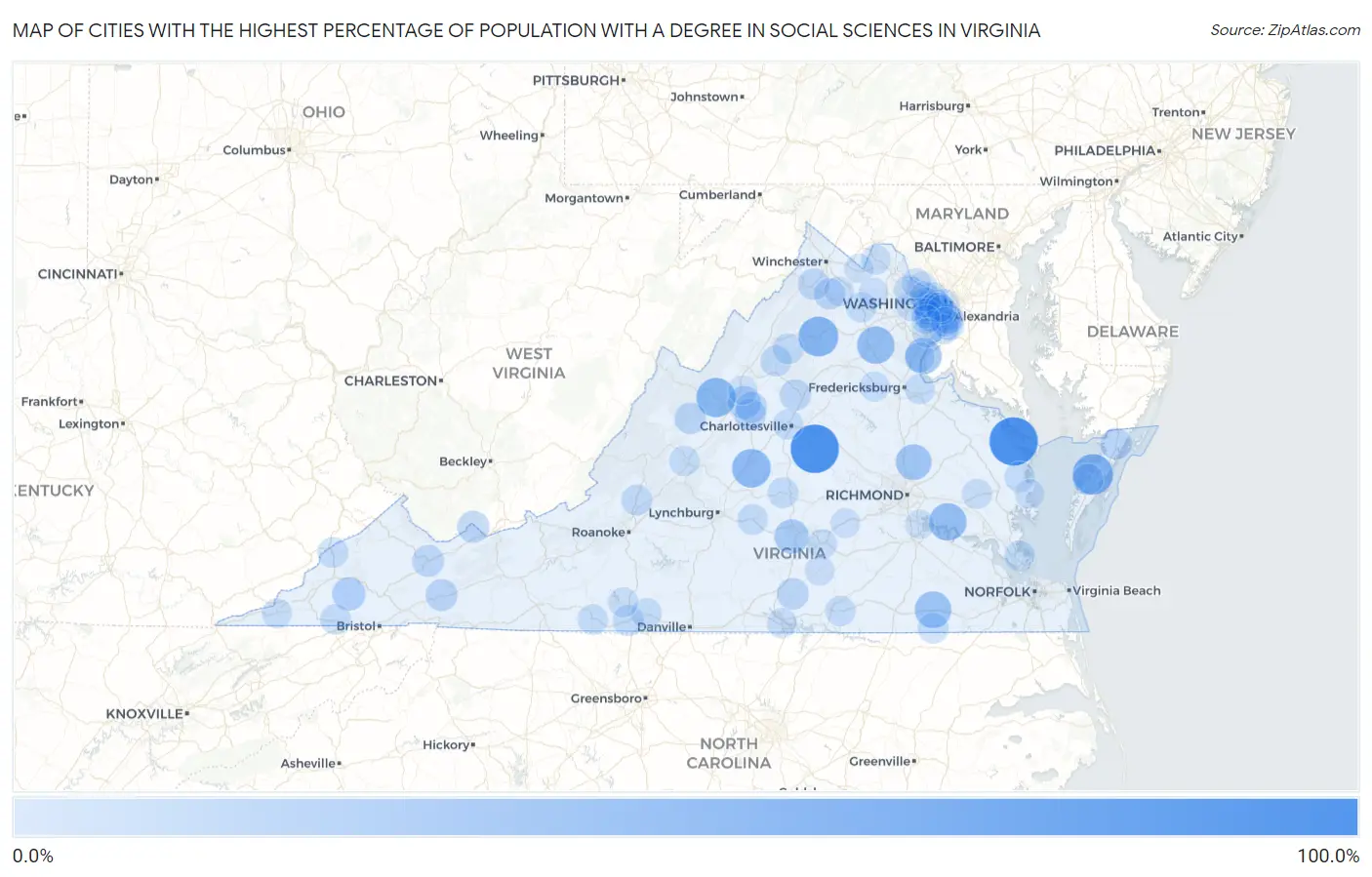 Cities with the Highest Percentage of Population with a Degree in Social Sciences in Virginia Map