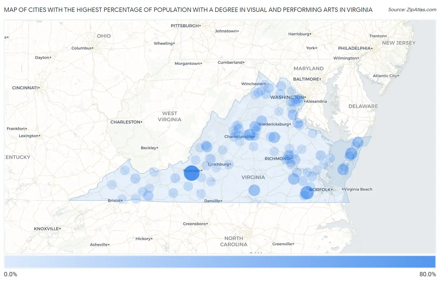 Cities with the Highest Percentage of Population with a Degree in Visual and Performing Arts in Virginia Map
