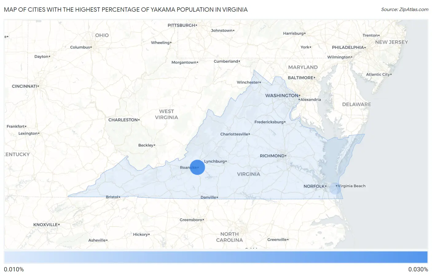 Cities with the Highest Percentage of Yakama Population in Virginia Map