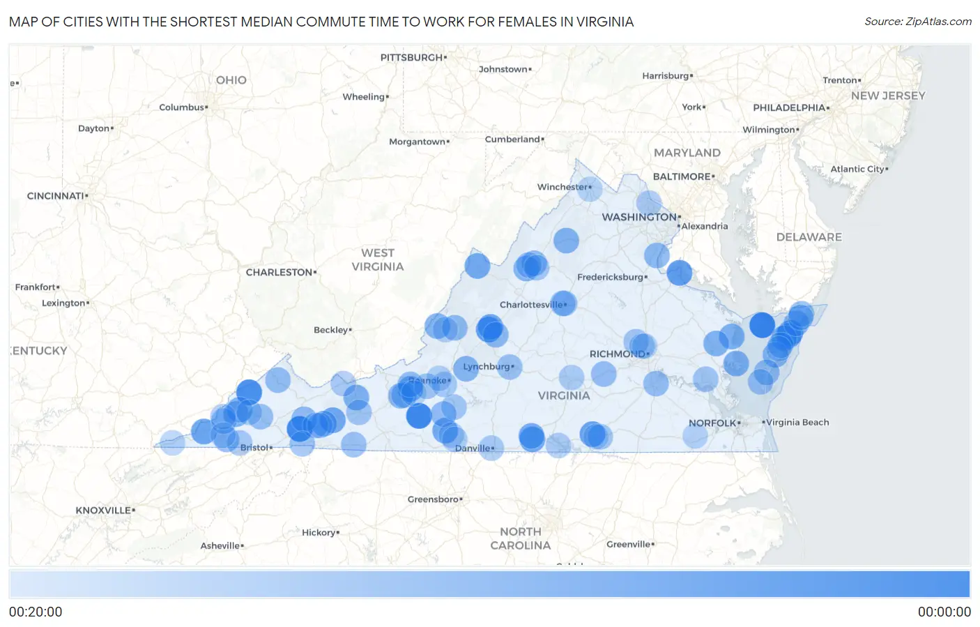 Cities with the Shortest Median Commute Time to Work for Females in Virginia Map