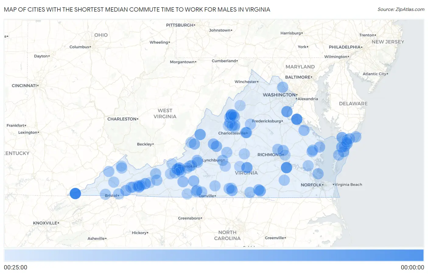 Cities with the Shortest Median Commute Time to Work for Males in Virginia Map