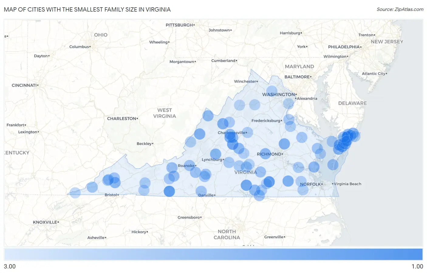Cities with the Smallest Family Size in Virginia Map