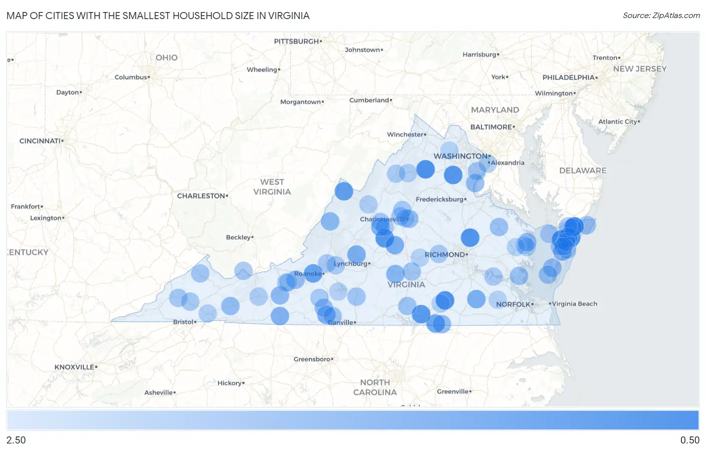 Cities with the Smallest Household Size in Virginia Map