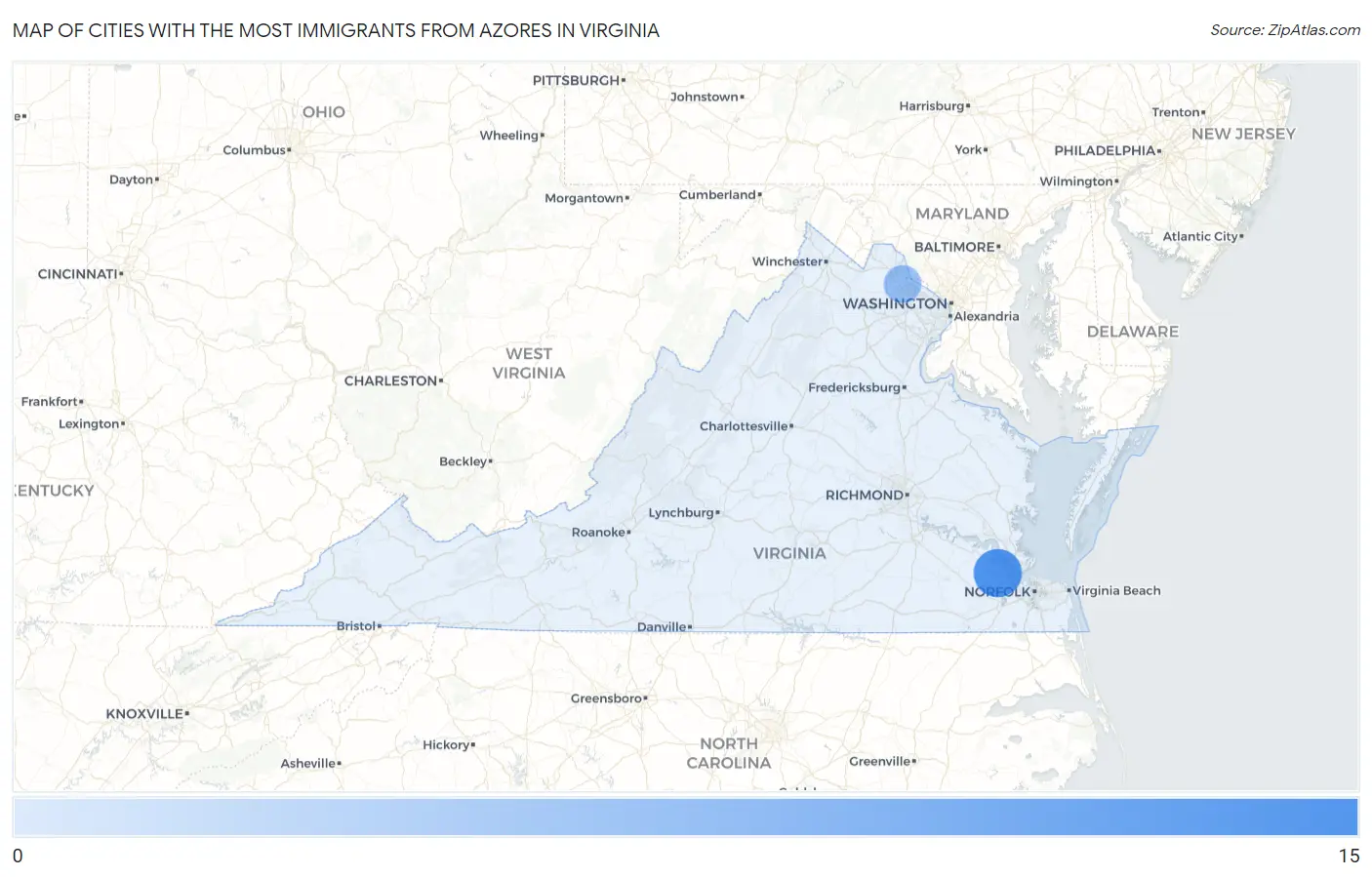 Cities with the Most Immigrants from Azores in Virginia Map