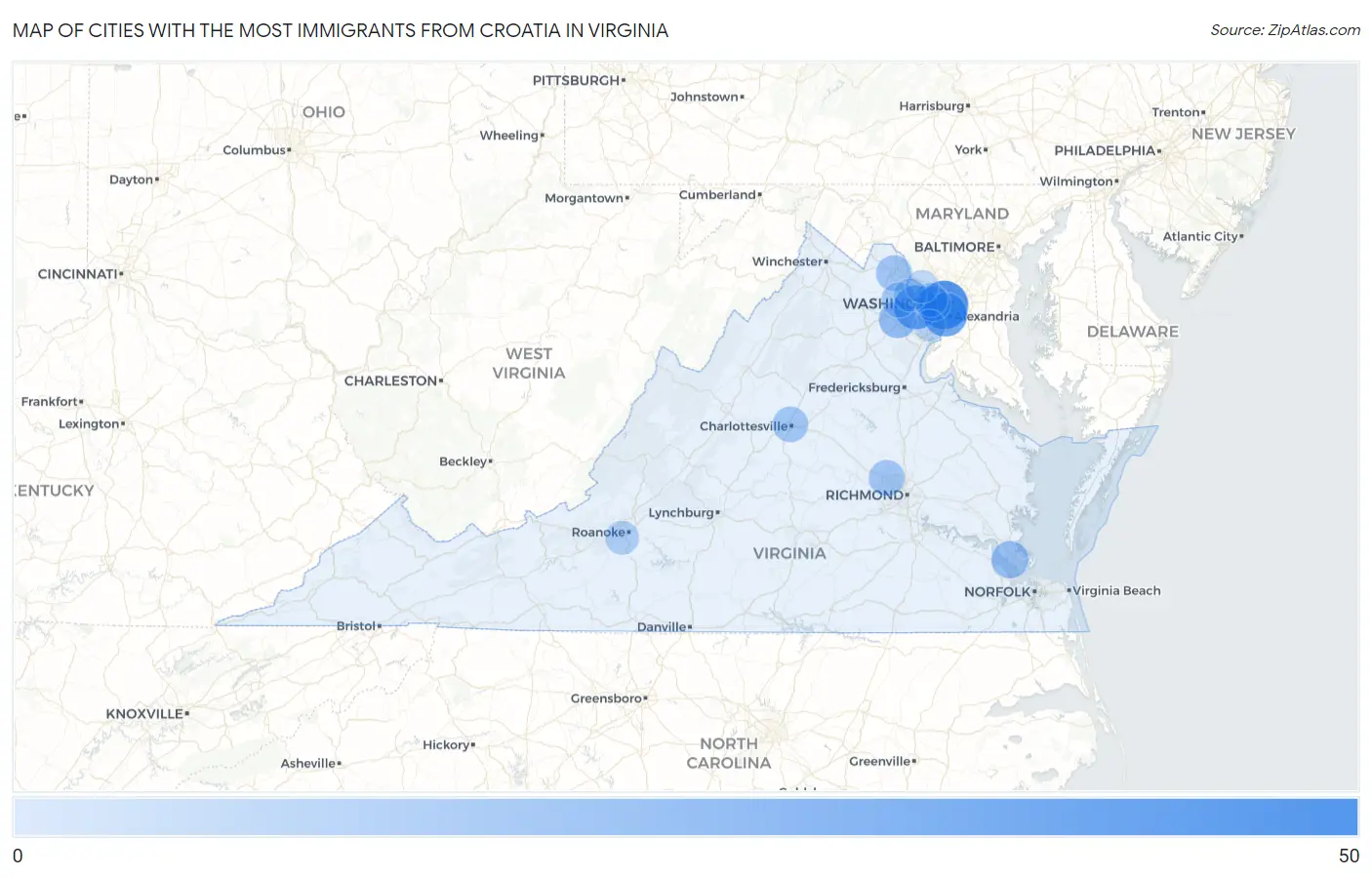 Cities with the Most Immigrants from Croatia in Virginia Map