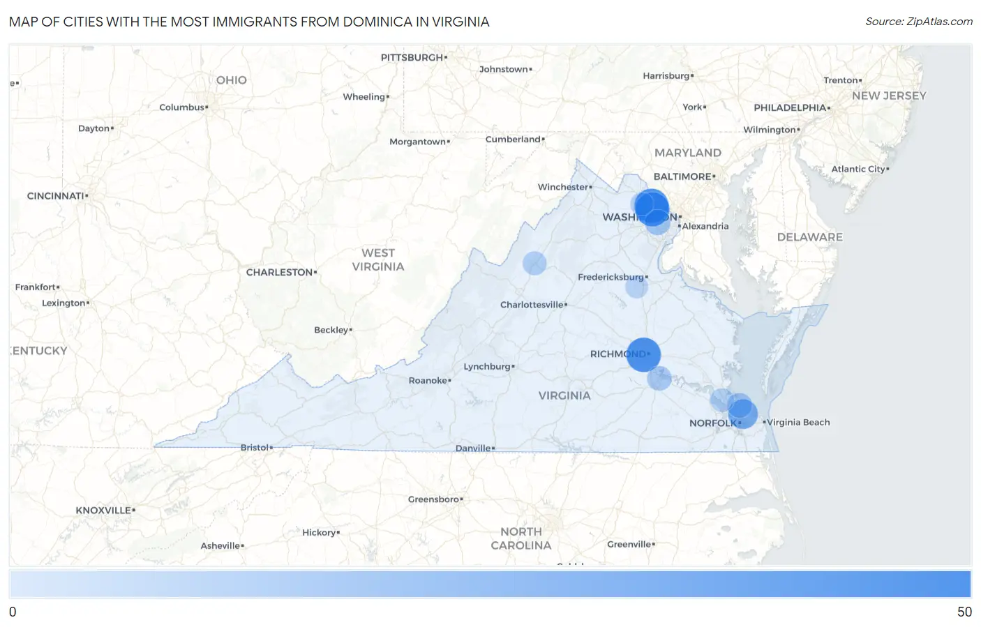 Cities with the Most Immigrants from Dominica in Virginia Map