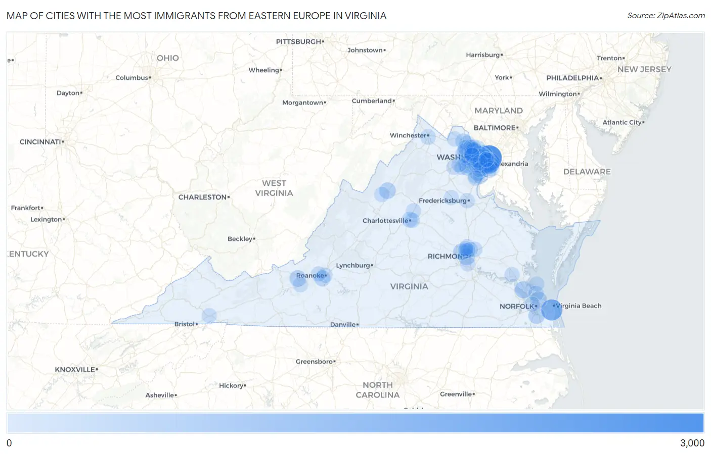 Cities with the Most Immigrants from Eastern Europe in Virginia Map