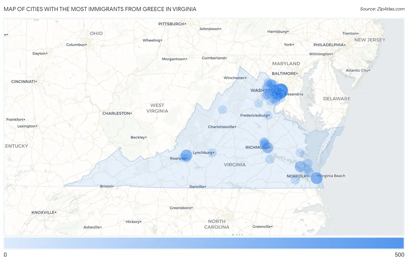 Cities with the Most Immigrants from Greece in Virginia Map
