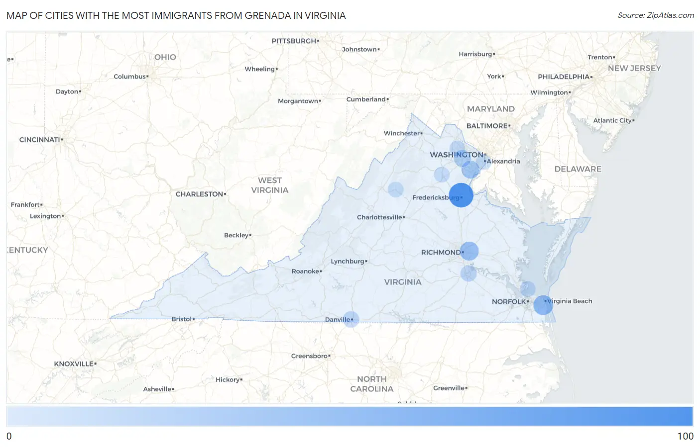 Cities with the Most Immigrants from Grenada in Virginia Map