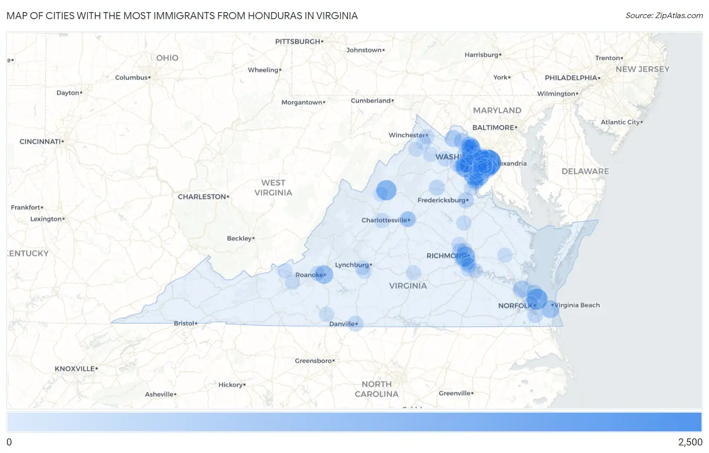 Cities with the Most Immigrants from Honduras in Virginia Map