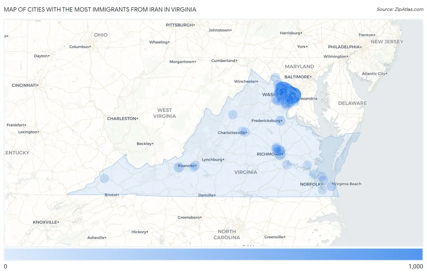 Cities with the Most Immigrants from Iran in Virginia Map