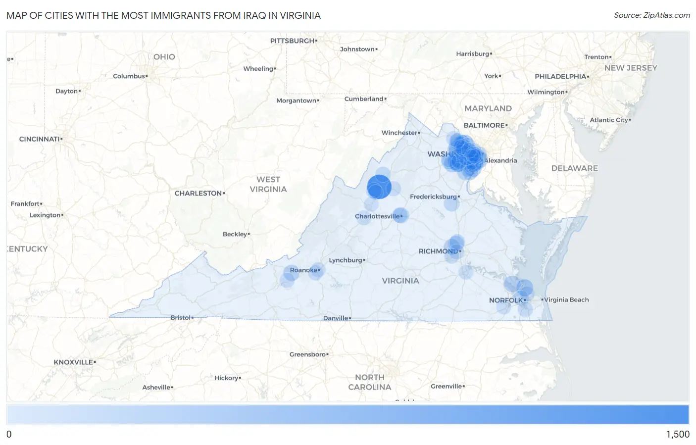 Cities with the Most Immigrants from Iraq in Virginia Map