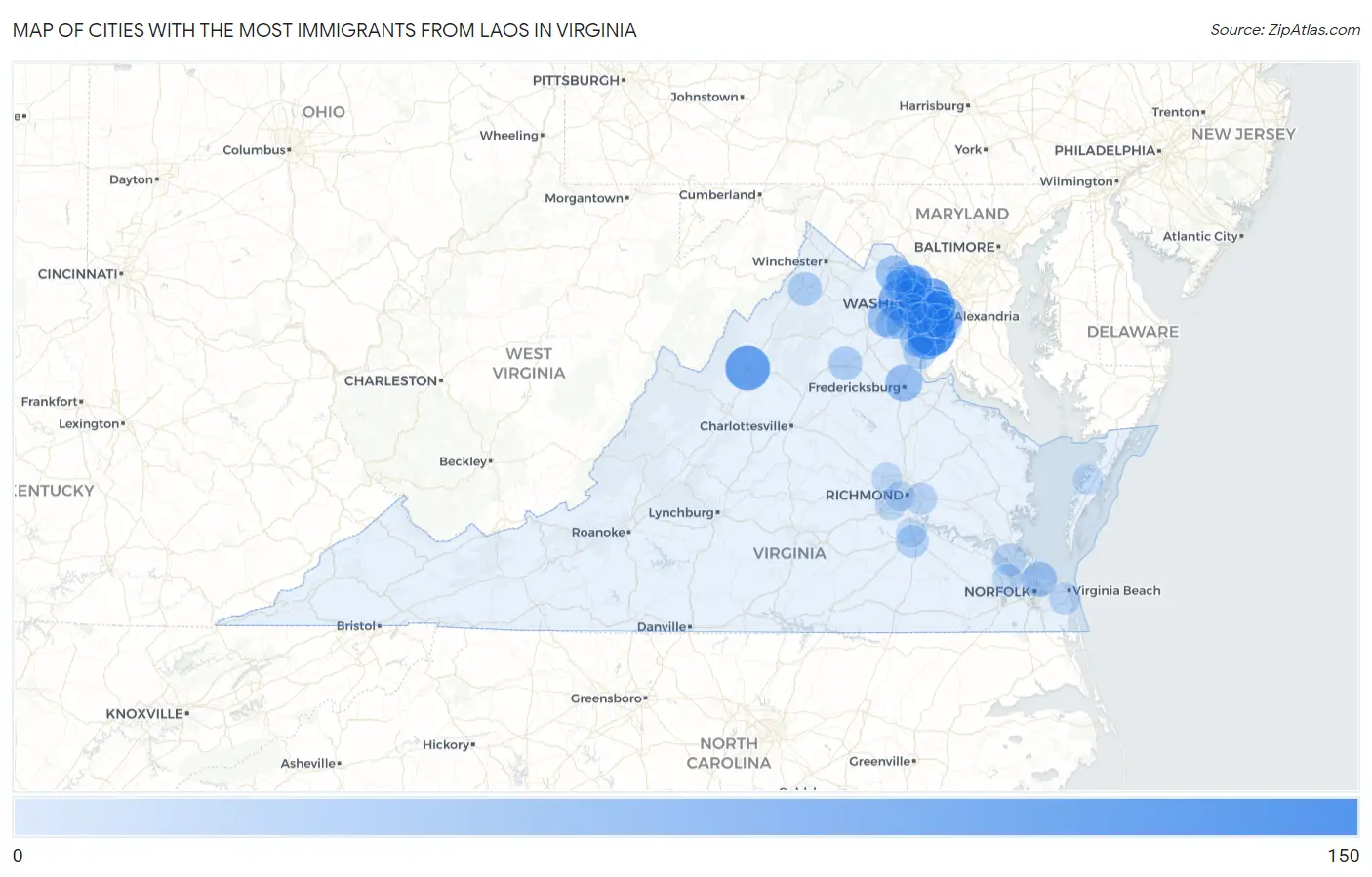 Cities with the Most Immigrants from Laos in Virginia Map