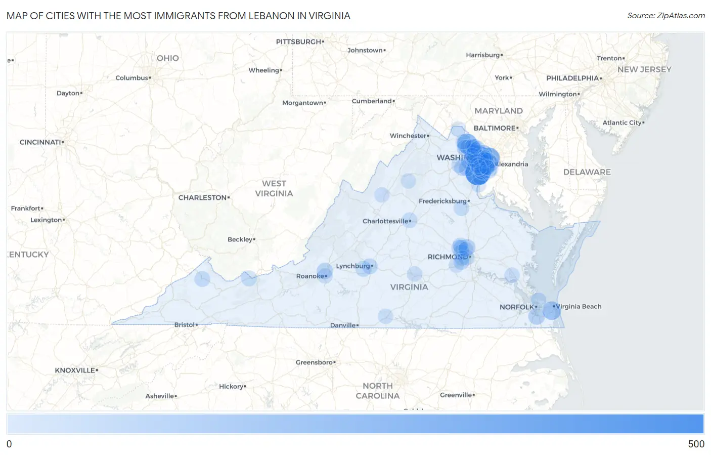 Cities with the Most Immigrants from Lebanon in Virginia Map