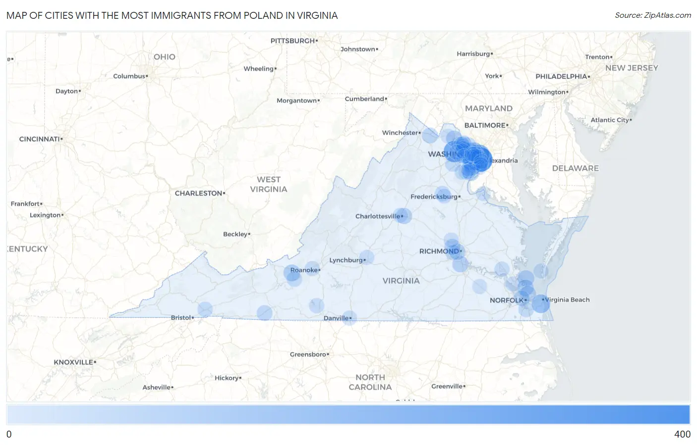 Cities with the Most Immigrants from Poland in Virginia Map