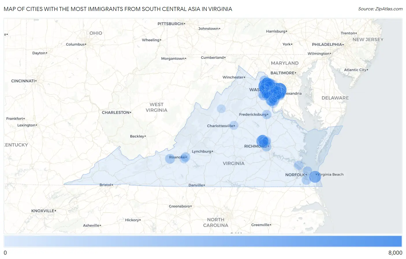 Cities with the Most Immigrants from South Central Asia in Virginia Map