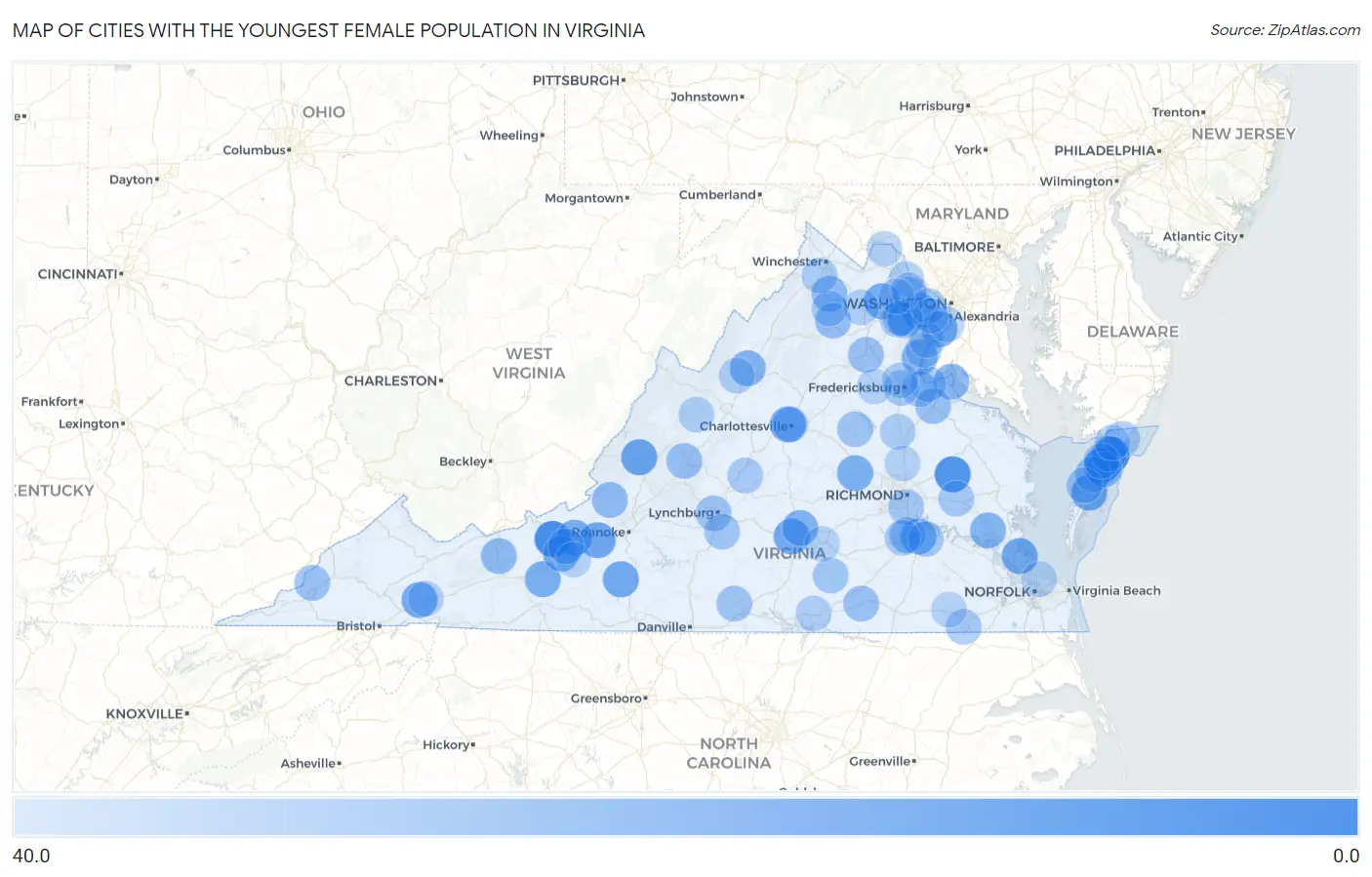 Cities with the Youngest Female Population in Virginia Map