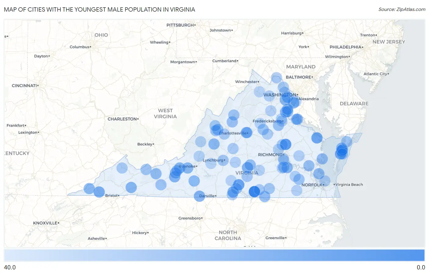 Cities with the Youngest Male Population in Virginia Map