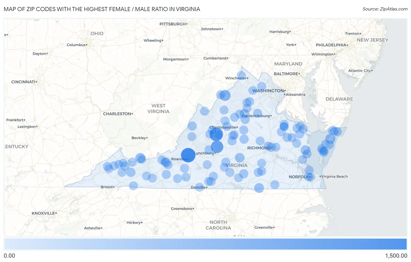 Zip Codes with the Highest Female / Male Ratio in Virginia Map