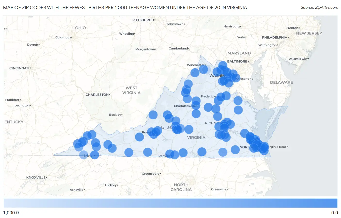 Zip Codes with the Fewest Births per 1,000 Teenage Women Under the Age of 20 in Virginia Map