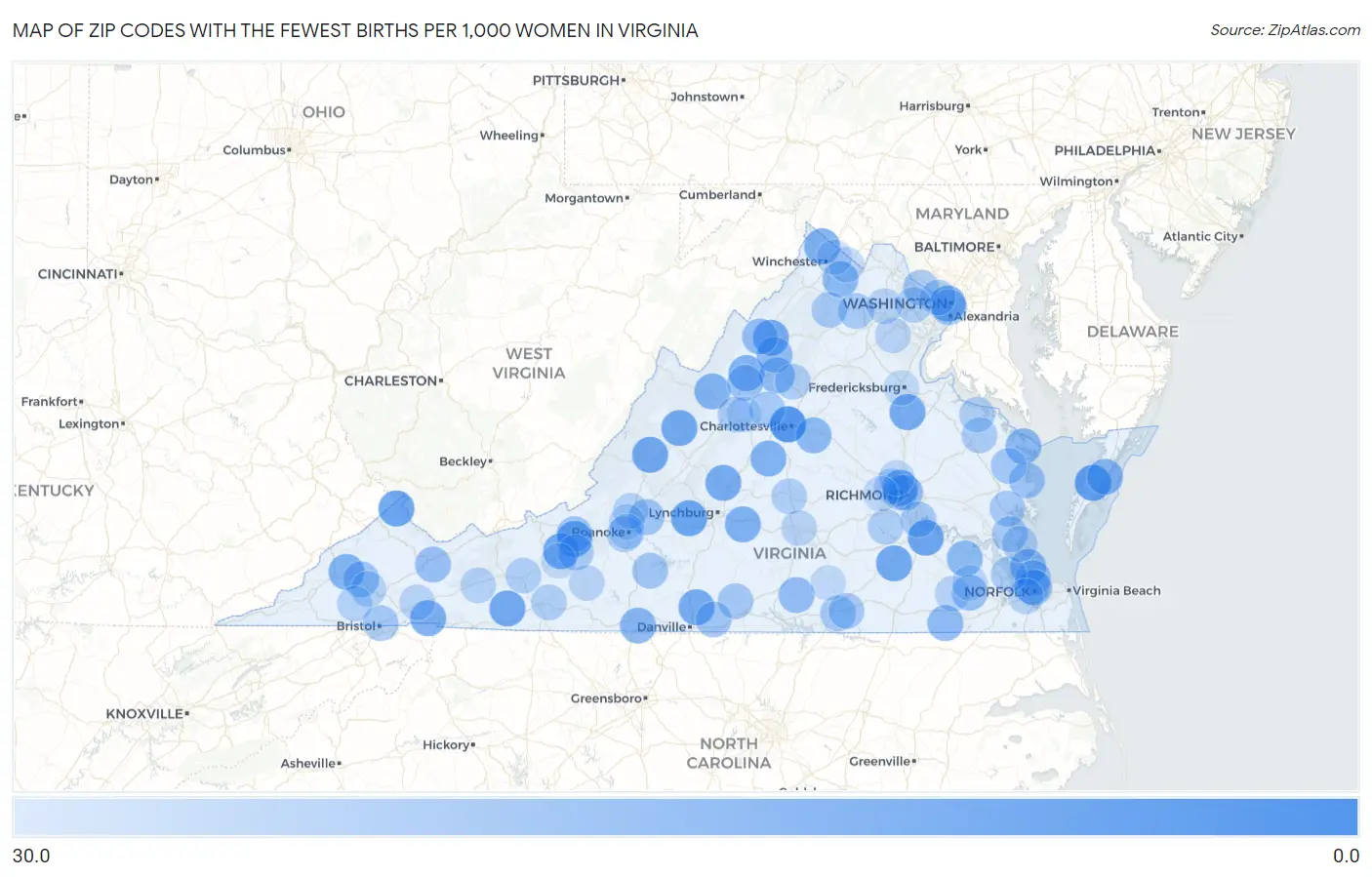 Zip Codes with the Fewest Births per 1,000 Women in Virginia Map