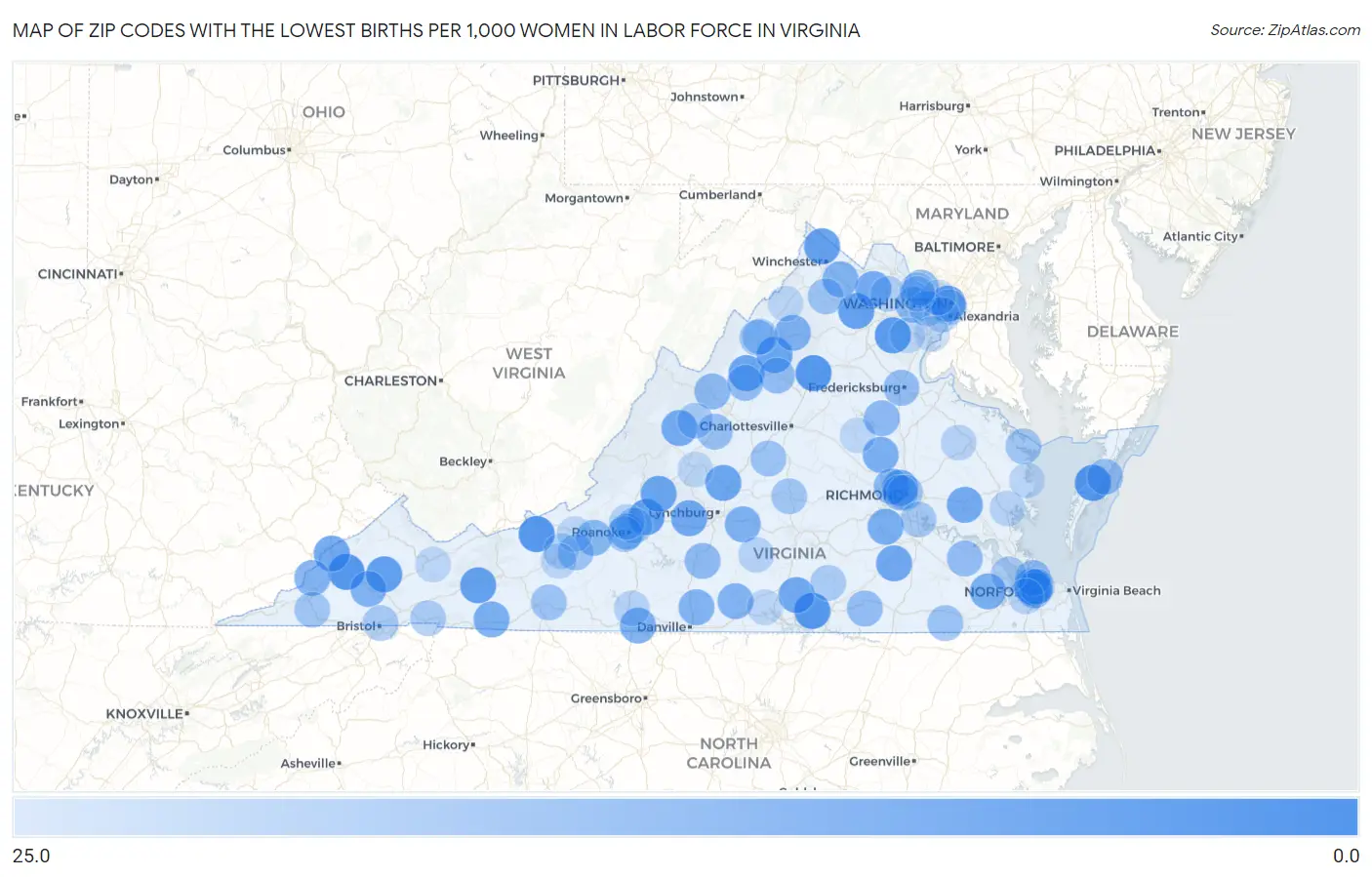 Zip Codes with the Lowest Births per 1,000 Women in Labor Force in Virginia Map