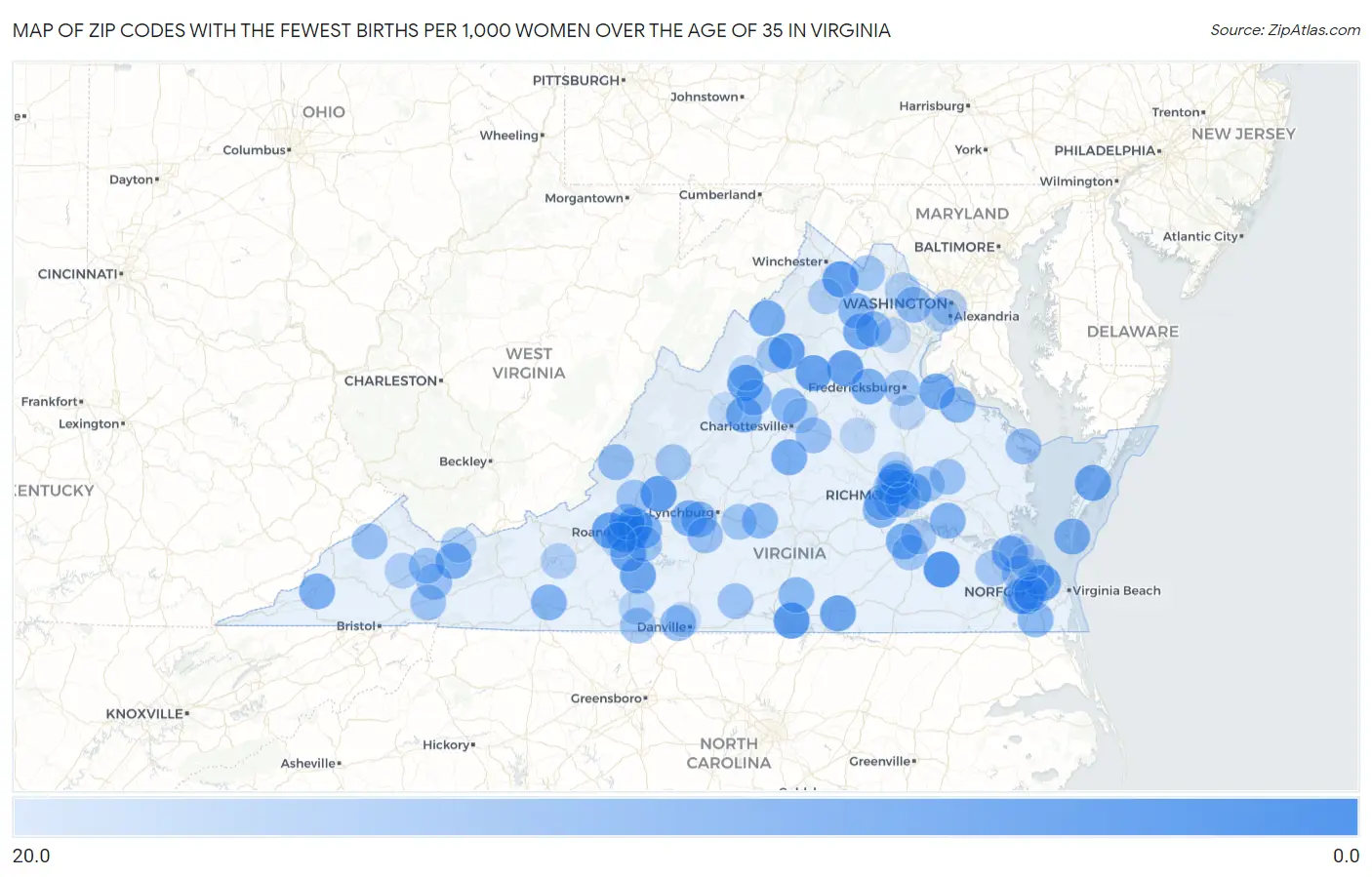 Zip Codes with the Fewest Births per 1,000 Women Over the Age of 35 in Virginia Map