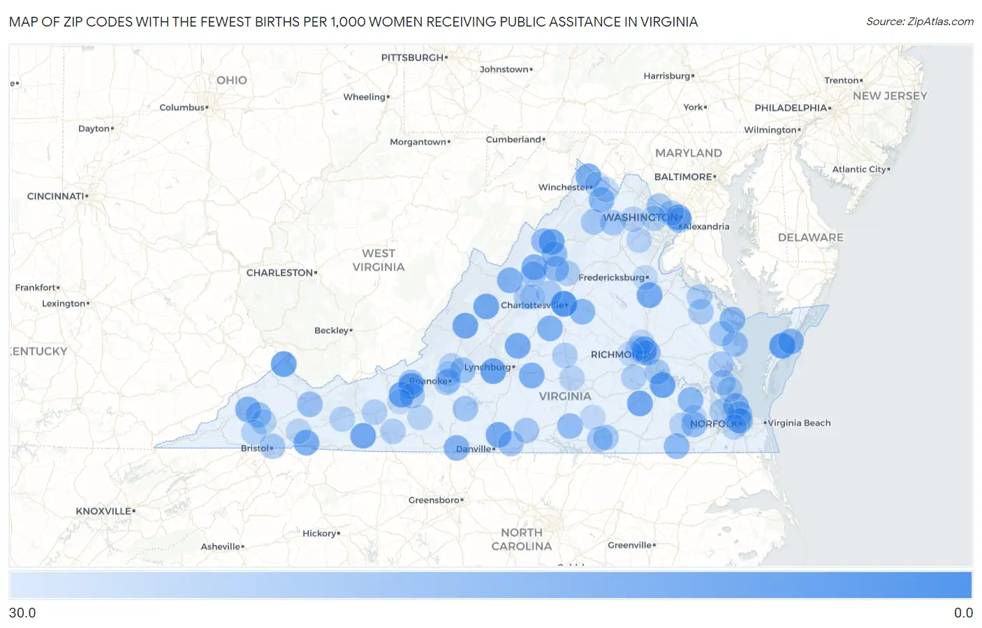 Zip Codes with the Fewest Births per 1,000 Women Receiving Public Assitance in Virginia Map