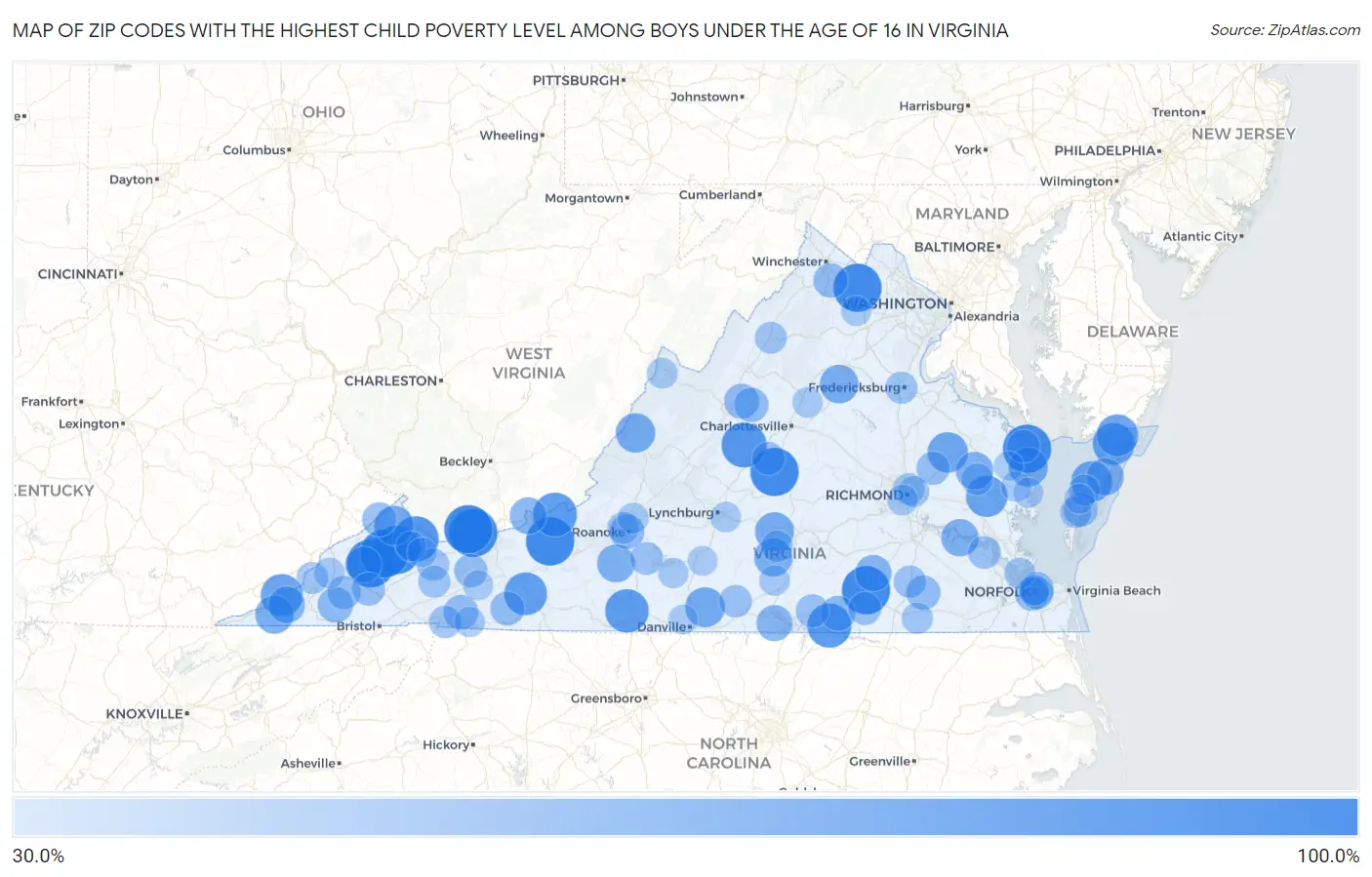 Zip Codes with the Highest Child Poverty Level Among Boys Under the Age of 16 in Virginia Map