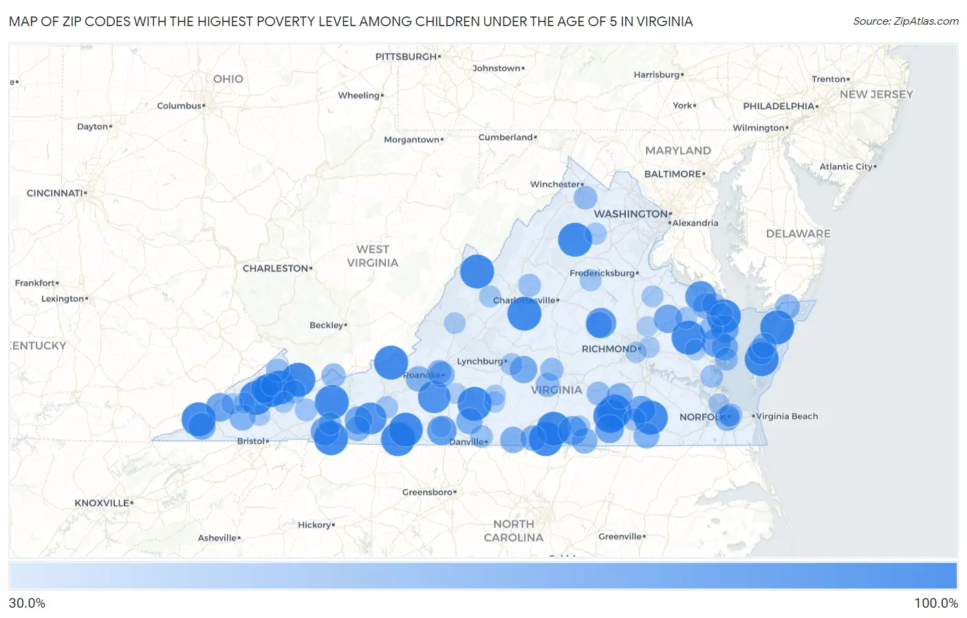 Zip Codes with the Highest Poverty Level Among Children Under the Age of 5 in Virginia Map