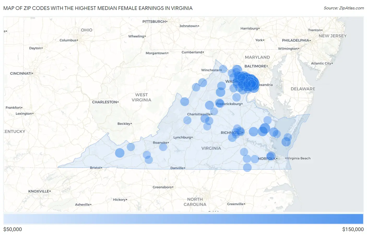 Zip Codes with the Highest Median Female Earnings in Virginia Map