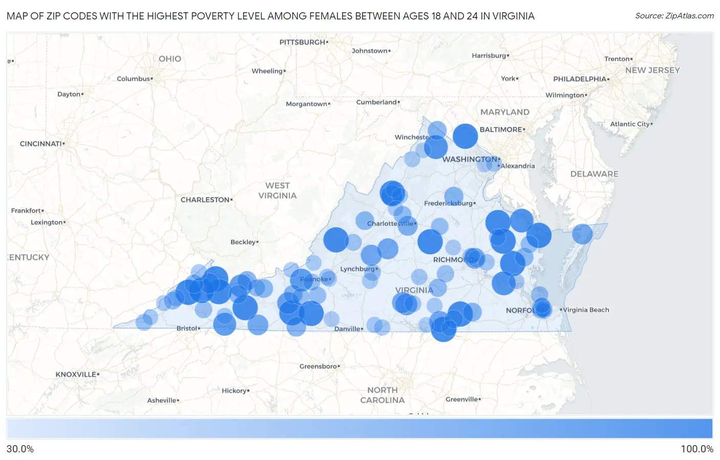 Zip Codes with the Highest Poverty Level Among Females Between Ages 18 and 24 in Virginia Map