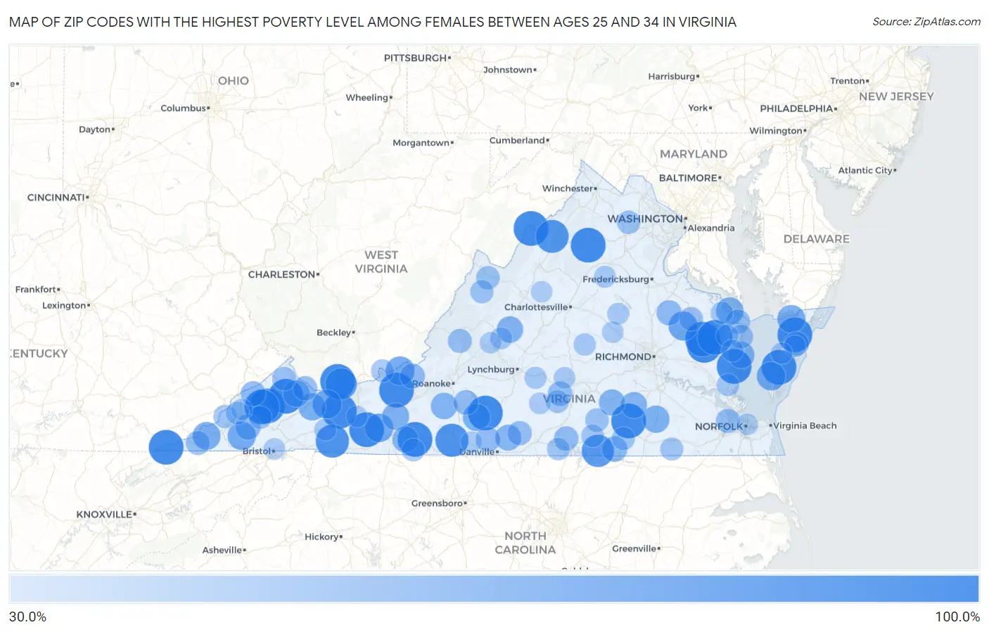 Zip Codes with the Highest Poverty Level Among Females Between Ages 25 and 34 in Virginia Map
