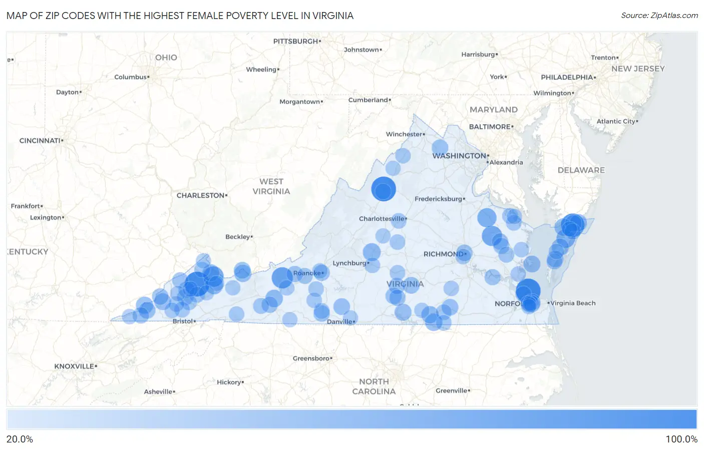 Zip Codes with the Highest Female Poverty Level in Virginia Map